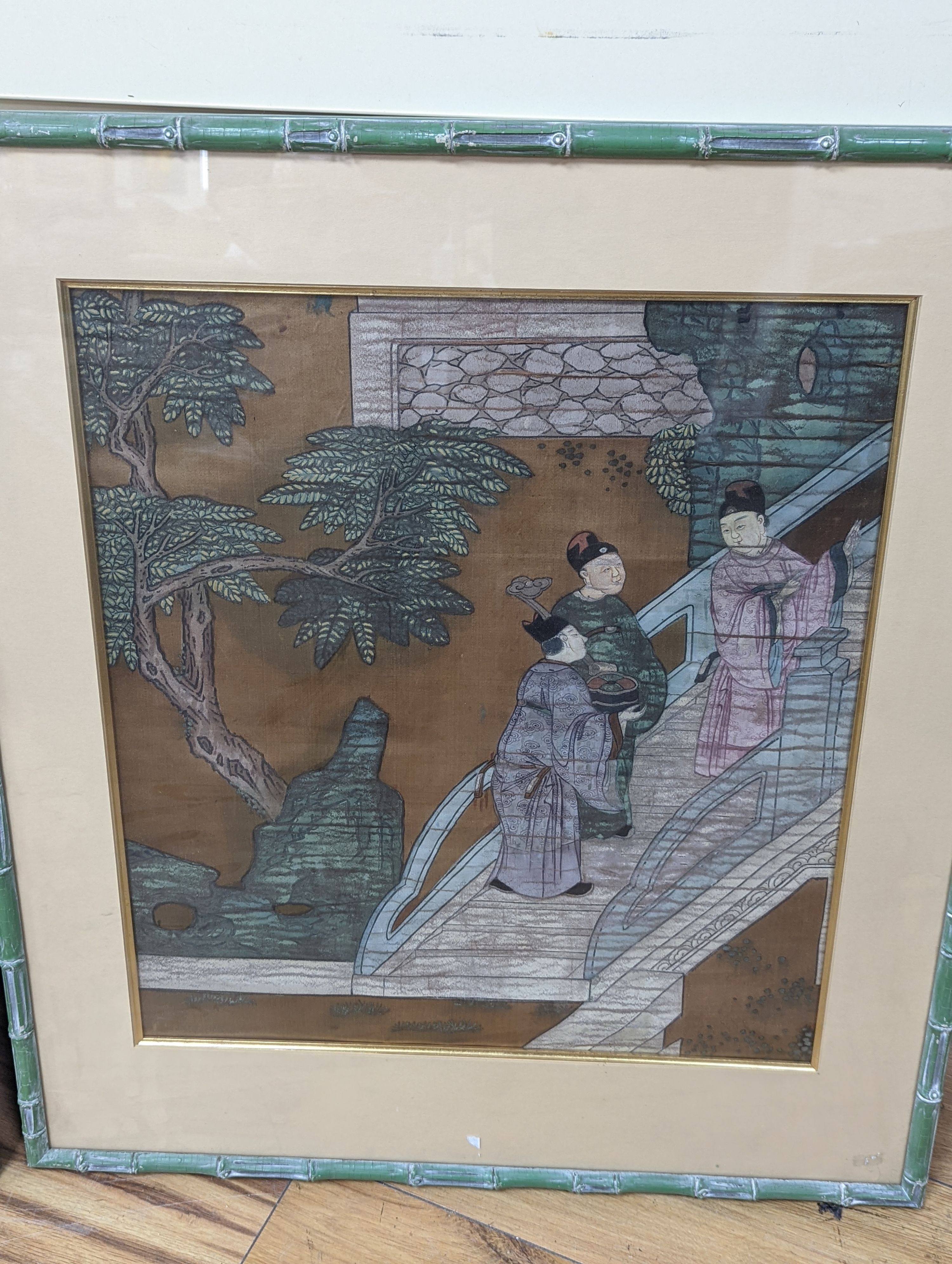 Chinese School, pair of gouache on silk, Courtiers and Elephant in a garden, 51 x 45cm
